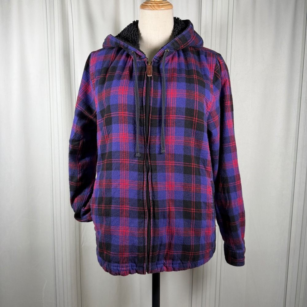 L.L. Bean‎ Sherpa Lined Plaid Hooded Jacket Purple Relaxed Fit M